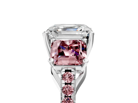 White gold Three-Stone Asscher Cut Diamond Ring with Round with Morganite side stone Pavé Band and Prong Setting_17