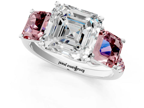 White gold Three-Stone Asscher Cut Diamond Ring with Round with Morganite side stone Pavé Band and Prong Setting_1