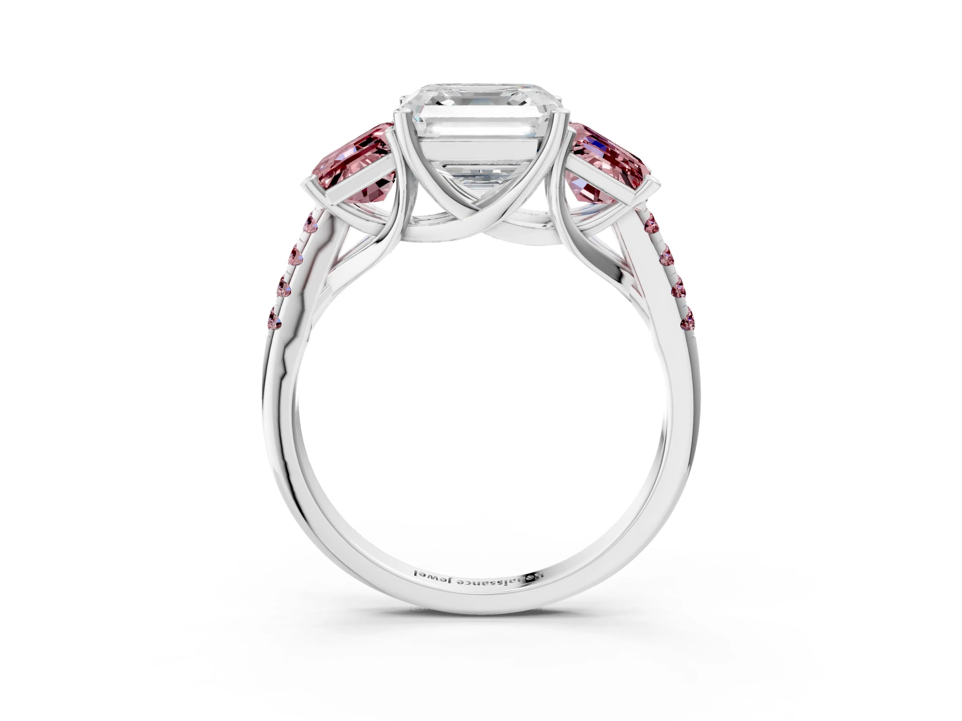 White gold Three-Stone Asscher Cut Diamond Ring with Round with Morganite side stone Pavé Band and Prong Setting_3
