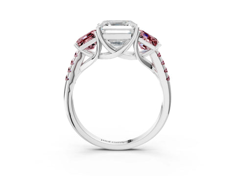 White gold Three-Stone Asscher Cut Diamond Ring with Round with Morganite side stone Pavé Band and Prong Setting_3