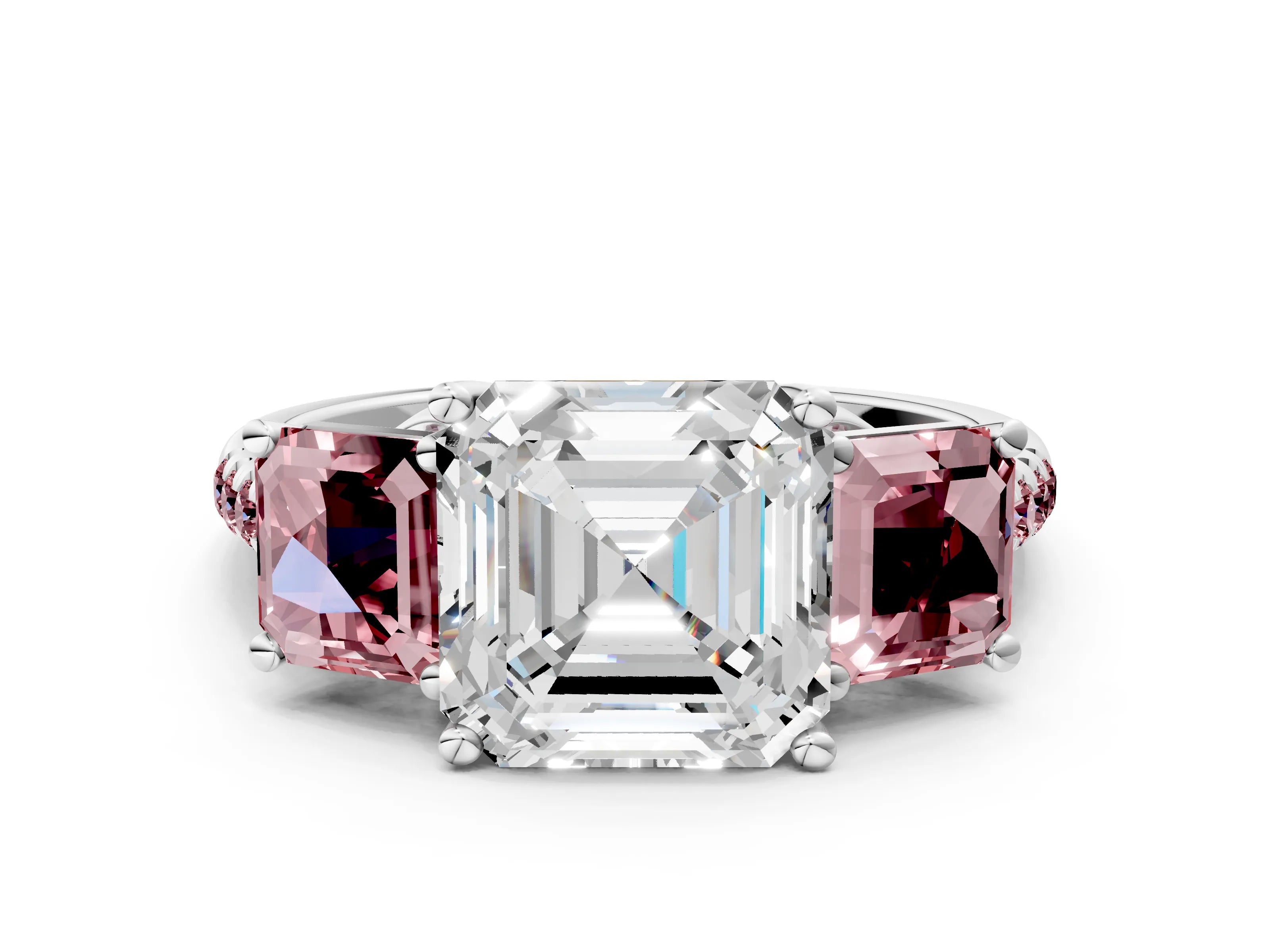 White gold Three-Stone Asscher Cut Diamond Ring with Round with Morganite side stone Pavé Band and Prong Setting