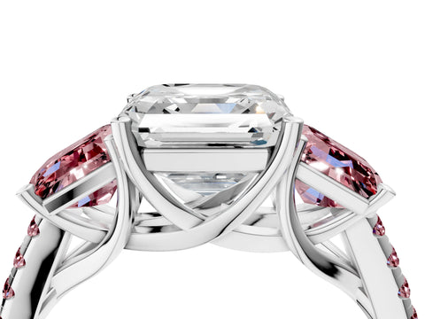 White gold Three-Stone Asscher Cut Diamond Ring with Round with Morganite side stone Pavé Band and Prong Setting_4