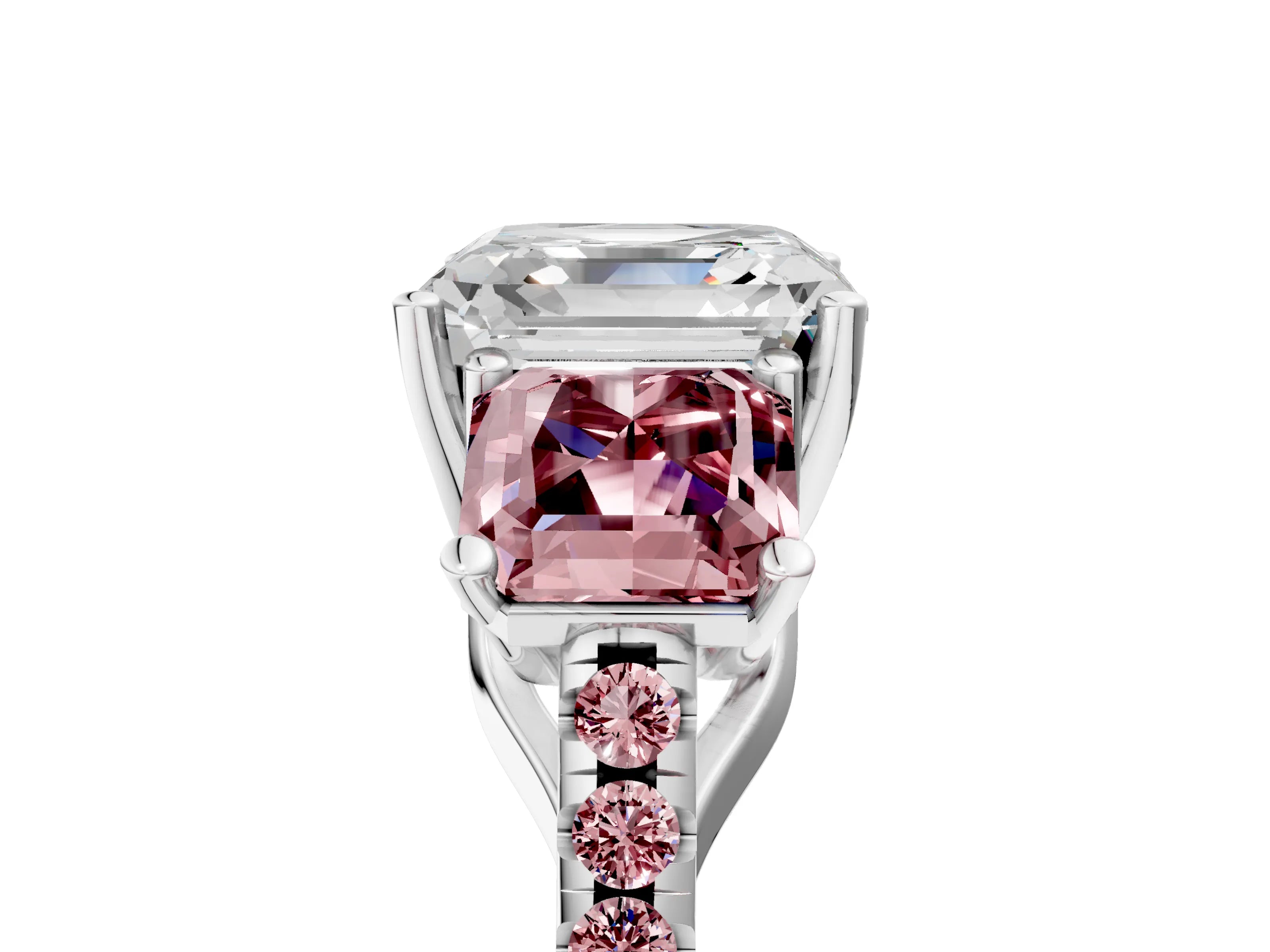 White gold Three-Stone Asscher Cut Diamond Ring with Round with Morganite side stone Pavé Band and Prong Setting_5
