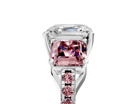 White gold Three-Stone Asscher Cut Diamond Ring with Round with Morganite side stone Pavé Band and Prong Setting_5