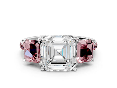 White gold Three-Stone Asscher Cut Diamond Ring with Round with Morganite side stone Pavé Band and Prong Setting