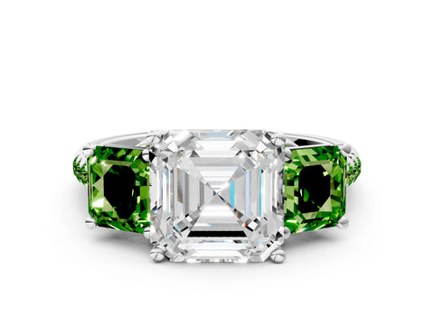 White gold Three-Stone Asscher Cut Diamond Ring with Round with Peridot side stone Pavé Band and Prong Setting_12