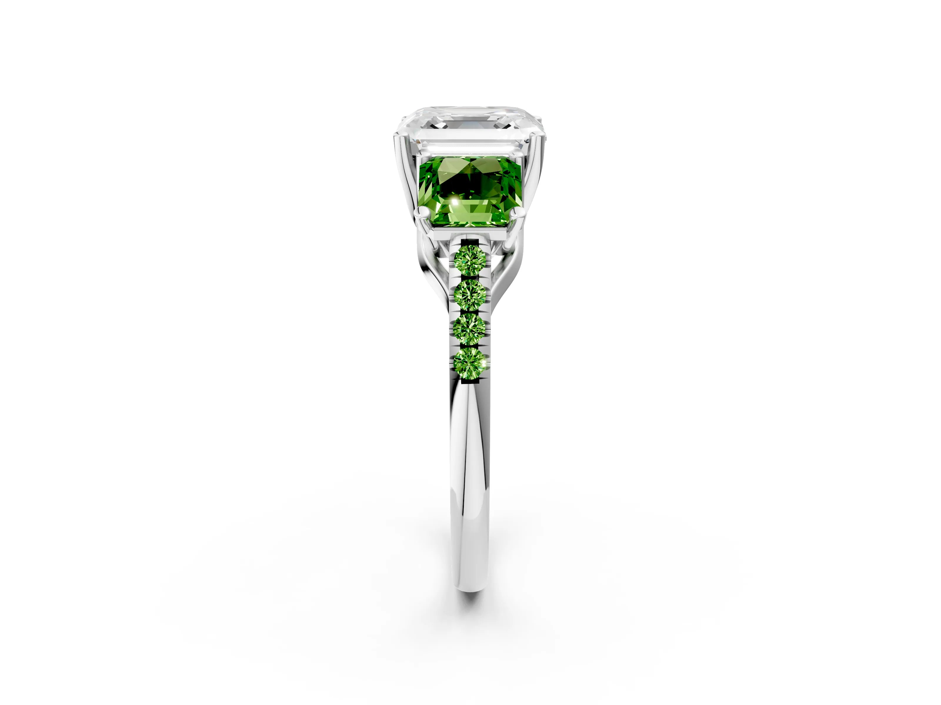 White gold Three-Stone Asscher Cut Diamond Ring with Round with Peridot side stone Pavé Band and Prong Setting_14