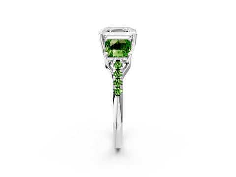 White gold Three-Stone Asscher Cut Diamond Ring with Round with Peridot side stone Pavé Band and Prong Setting_14