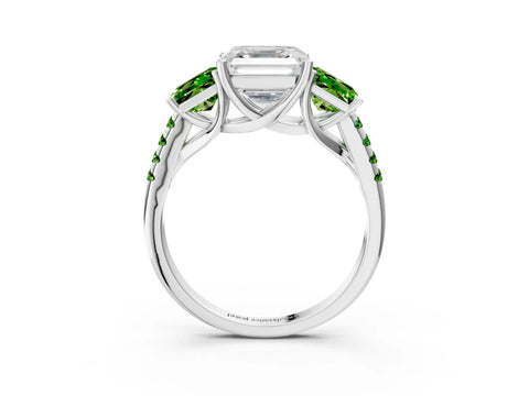 White gold Three-Stone Asscher Cut Diamond Ring with Round with Peridot side stone Pavé Band and Prong Setting_15