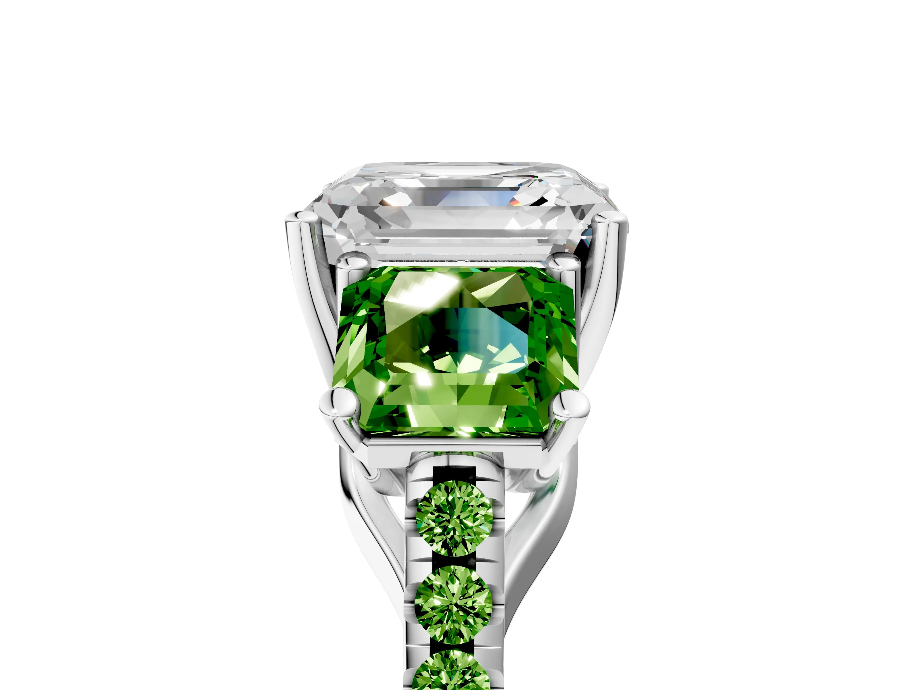 White gold Three-Stone Asscher Cut Diamond Ring with Round with Peridot side stone Pavé Band and Prong Setting_17