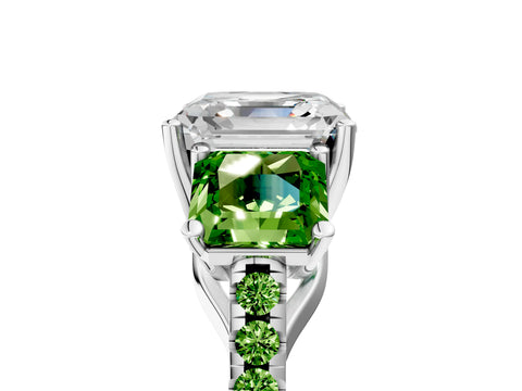 White gold Three-Stone Asscher Cut Diamond Ring with Round with Peridot side stone Pavé Band and Prong Setting_17