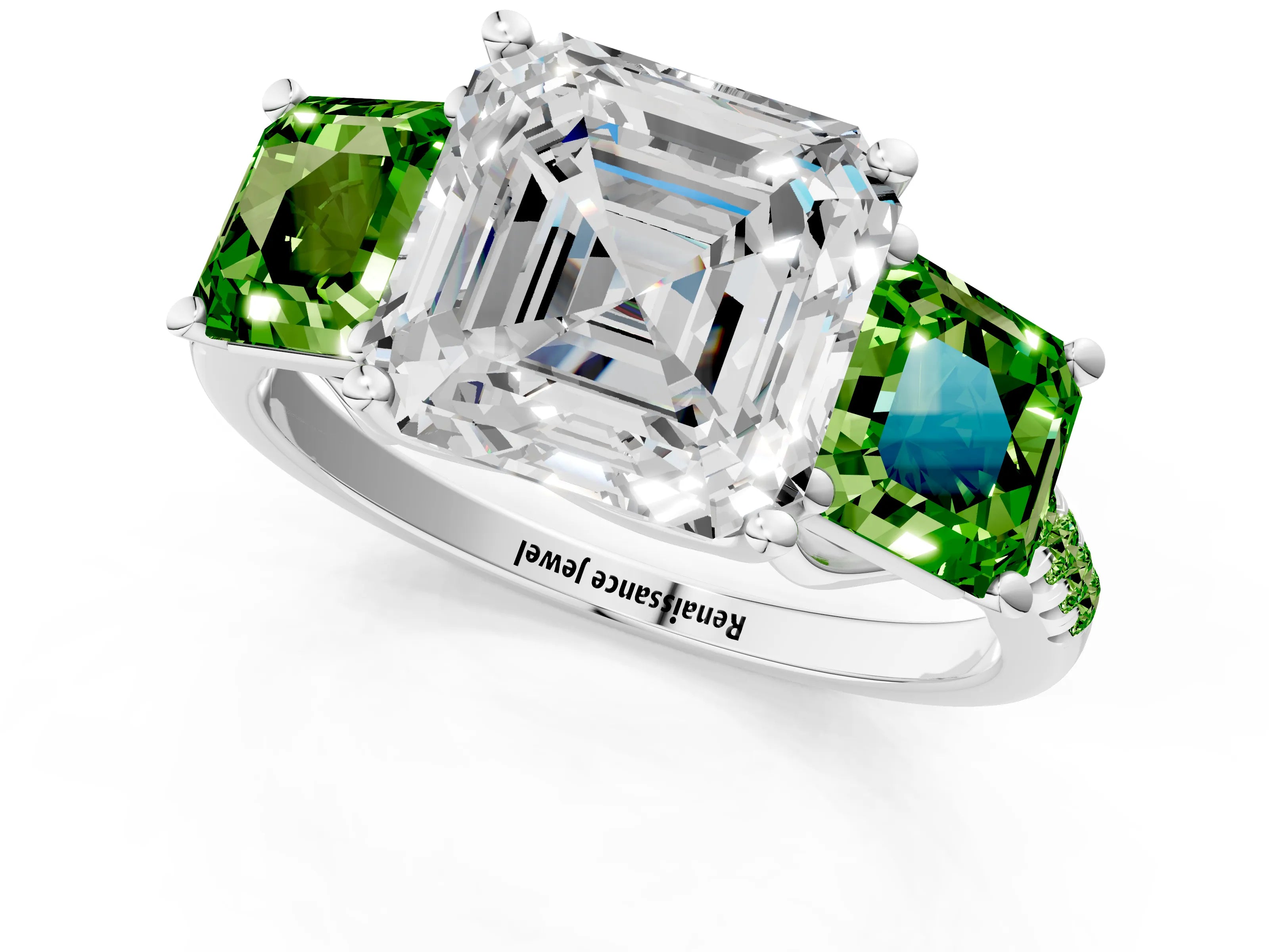 White gold Three-Stone Asscher Cut Diamond Ring with Round with Peridot side stone Pavé Band and Prong Setting_1