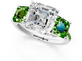 White gold Three-Stone Asscher Cut Diamond Ring with Round with Peridot side stone Pavé Band and Prong Setting_1