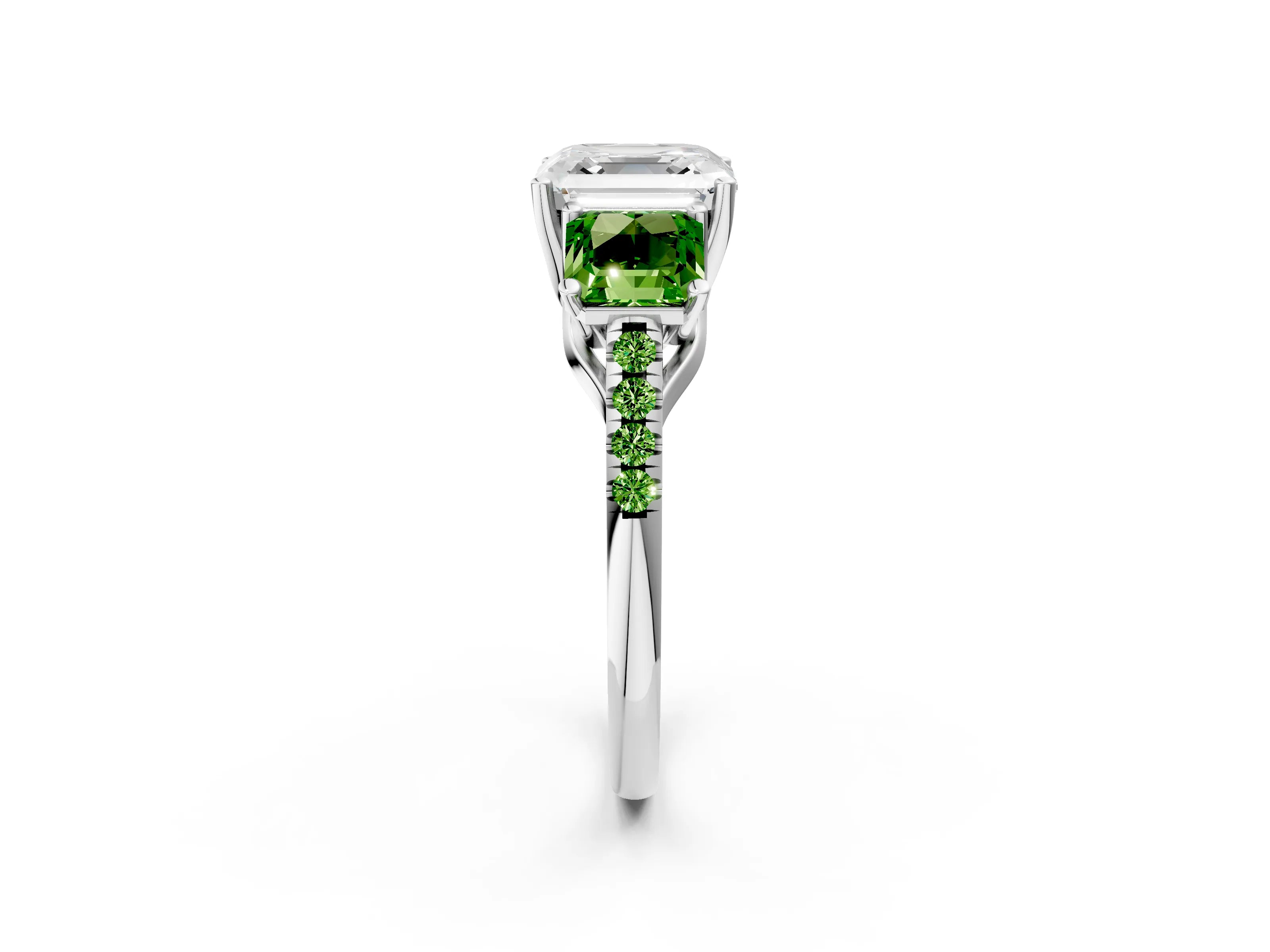White gold Three-Stone Asscher Cut Diamond Ring with Round with Peridot side stone Pavé Band and Prong Setting_2