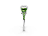White gold Three-Stone Asscher Cut Diamond Ring with Round with Peridot side stone Pavé Band and Prong Setting_2