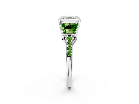 White gold Three-Stone Asscher Cut Diamond Ring with Round with Peridot side stone Pavé Band and Prong Setting_2