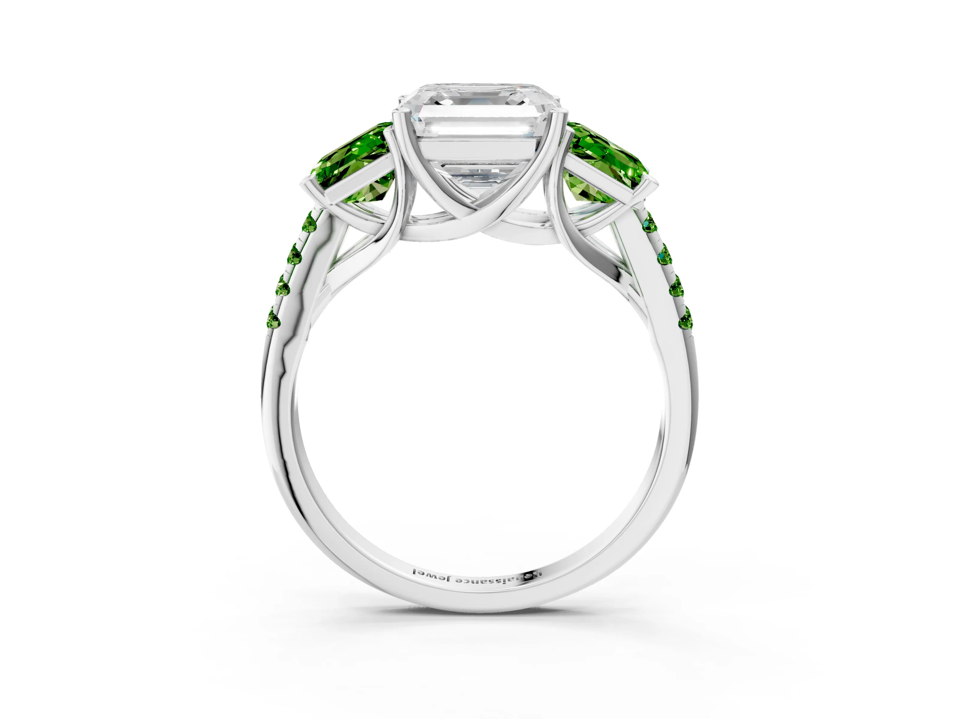 White gold Three-Stone Asscher Cut Diamond Ring with Round with Peridot side stone Pavé Band and Prong Setting_3