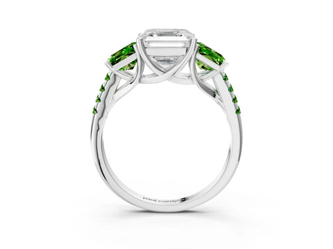 White gold Three-Stone Asscher Cut Diamond Ring with Round with Peridot side stone Pavé Band and Prong Setting_3