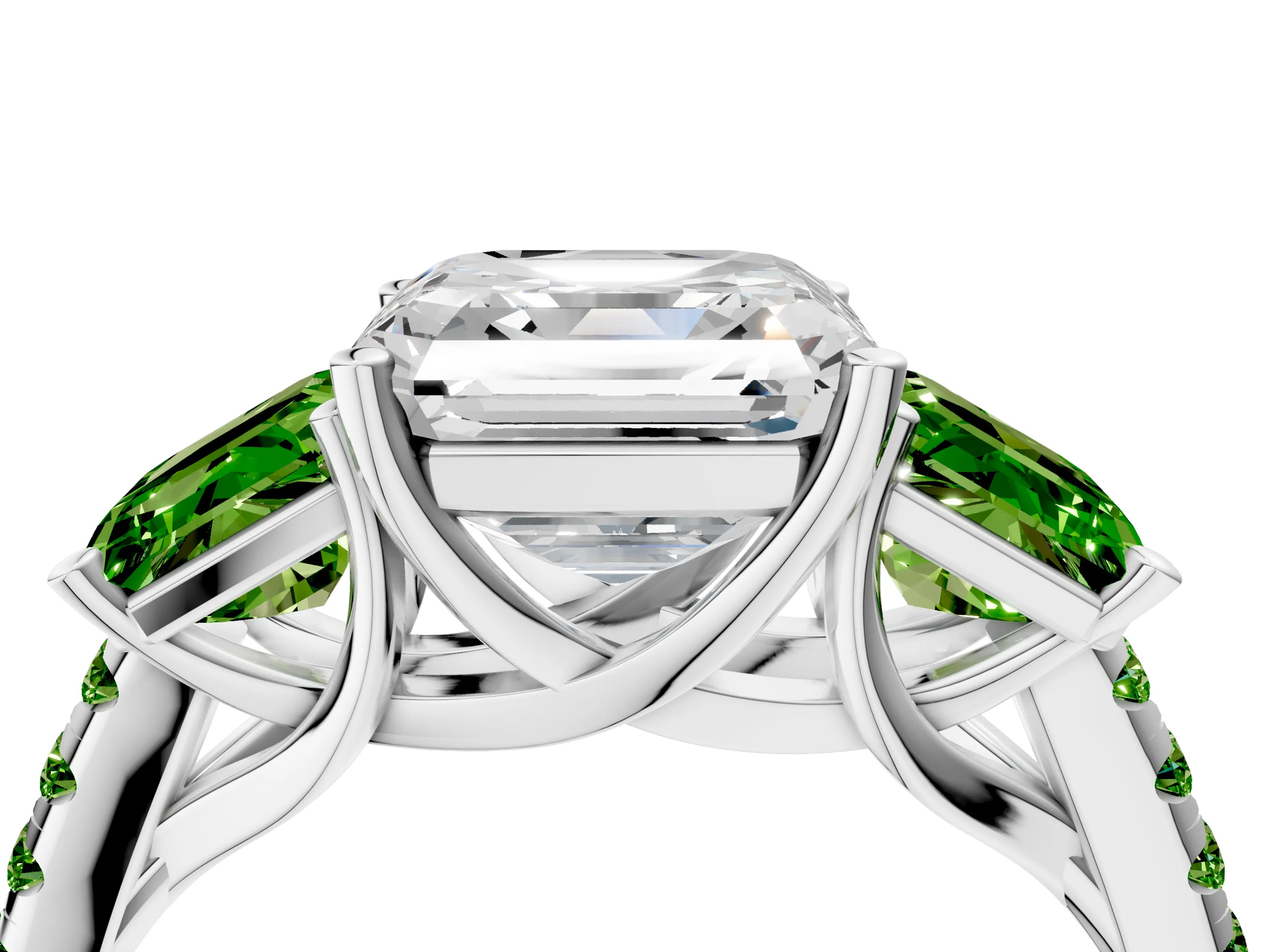 White gold Three-Stone Asscher Cut Diamond Ring with Round with Peridot side stone Pavé Band and Prong Setting_4