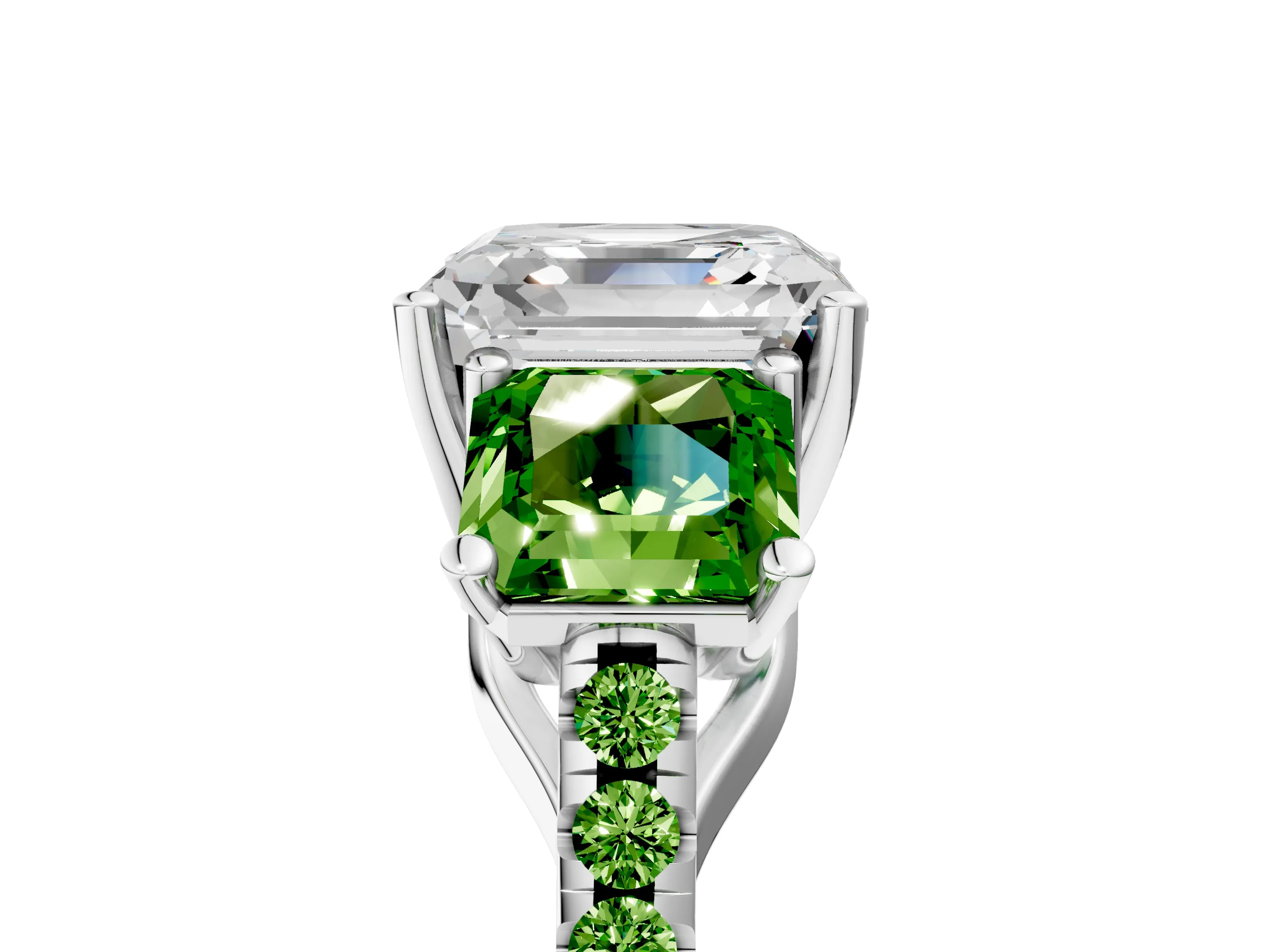 White gold Three-Stone Asscher Cut Diamond Ring with Round with Peridot side stone Pavé Band and Prong Setting_5
