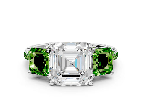 White gold Three-Stone Asscher Cut Diamond Ring with Round with Peridot side stone Pavé Band and Prong Setting
