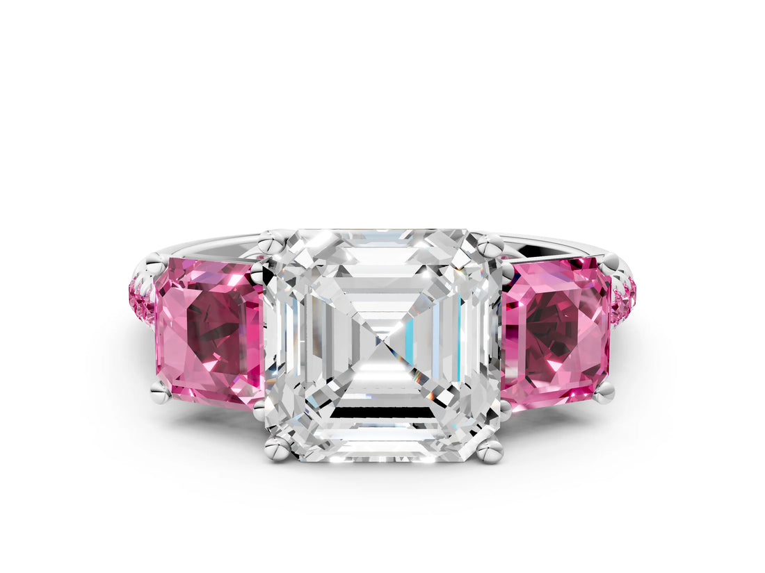 White gold Three-Stone Asscher Cut Diamond Ring with Round with Pink Sapphire side stone Pavé Band and Prong Setting_12