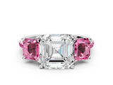 White gold Three-Stone Asscher Cut Diamond Ring with Round with Pink Sapphire side stone Pavé Band and Prong Setting_12