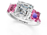 White gold Three-Stone Asscher Cut Diamond Ring with Round with Pink Sapphire side stone Pavé Band and Prong Setting_13