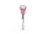 White gold Three-Stone Asscher Cut Diamond Ring with Round with Pink Sapphire side stone Pavé Band and Prong Setting_14