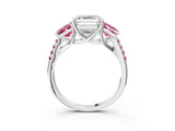 White gold Three-Stone Asscher Cut Diamond Ring with Round with Pink Sapphire side stone Pavé Band and Prong Setting_15