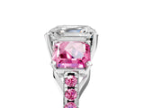 White gold Three-Stone Asscher Cut Diamond Ring with Round with Pink Sapphire side stone Pavé Band and Prong Setting_17