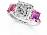 White gold Three-Stone Asscher Cut Diamond Ring with Round with Pink Sapphire side stone Pavé Band and Prong Setting_1