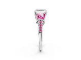 White gold Three-Stone Asscher Cut Diamond Ring with Round with Pink Sapphire side stone Pavé Band and Prong Setting_2