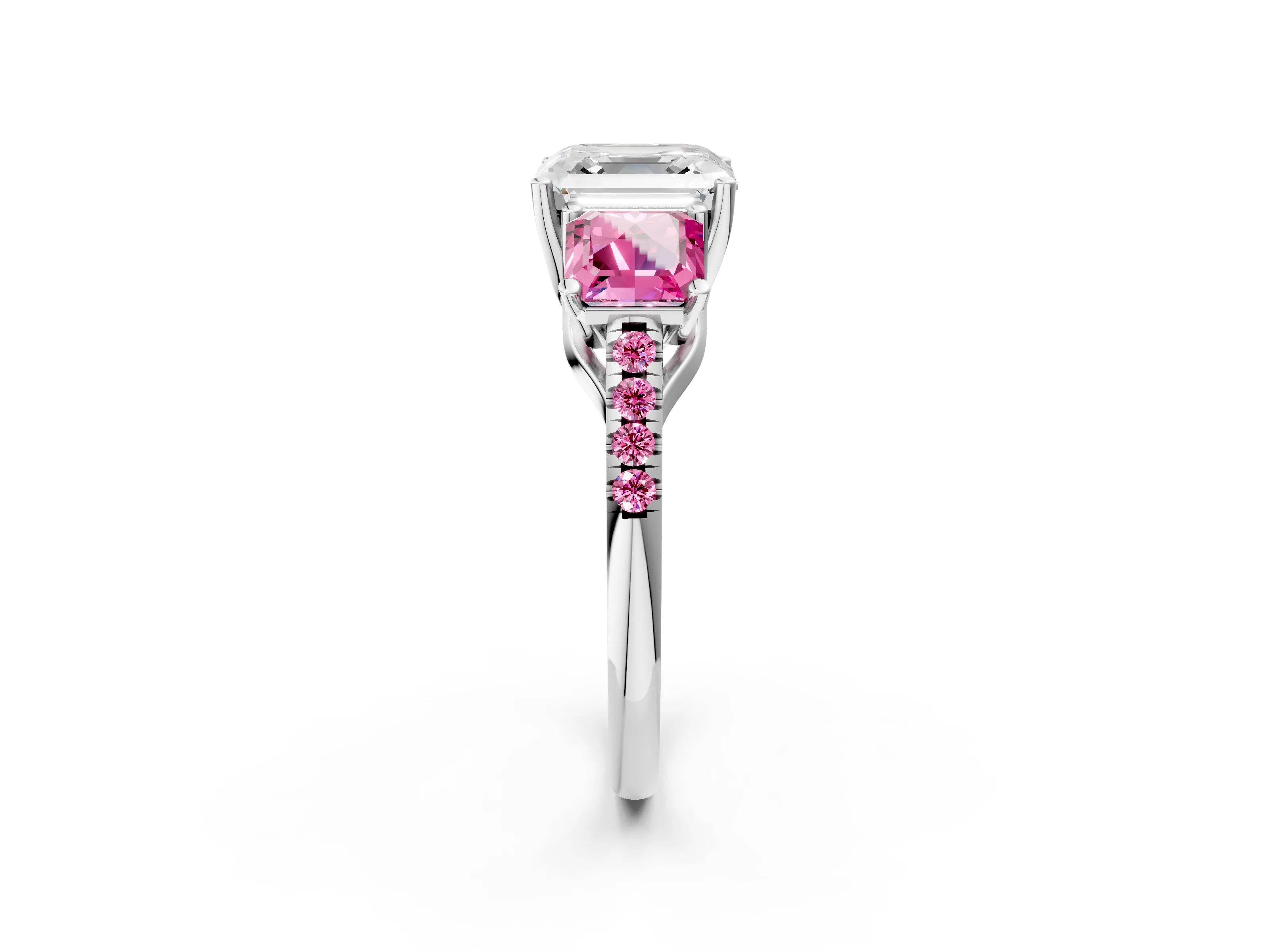 White gold Three-Stone Asscher Cut Diamond Ring with Round with Pink Sapphire side stone Pavé Band and Prong Setting_2