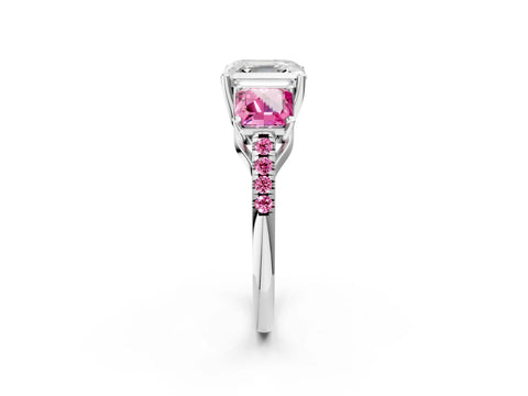 White gold Three-Stone Asscher Cut Diamond Ring with Round with Pink Sapphire side stone Pavé Band and Prong Setting_2