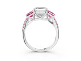 White gold Three-Stone Asscher Cut Diamond Ring with Round with Pink Sapphire side stone Pavé Band and Prong Setting_3