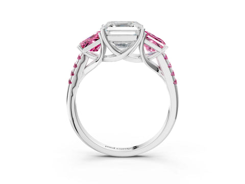 White gold Three-Stone Asscher Cut Diamond Ring with Round with Pink Sapphire side stone Pavé Band and Prong Setting_3