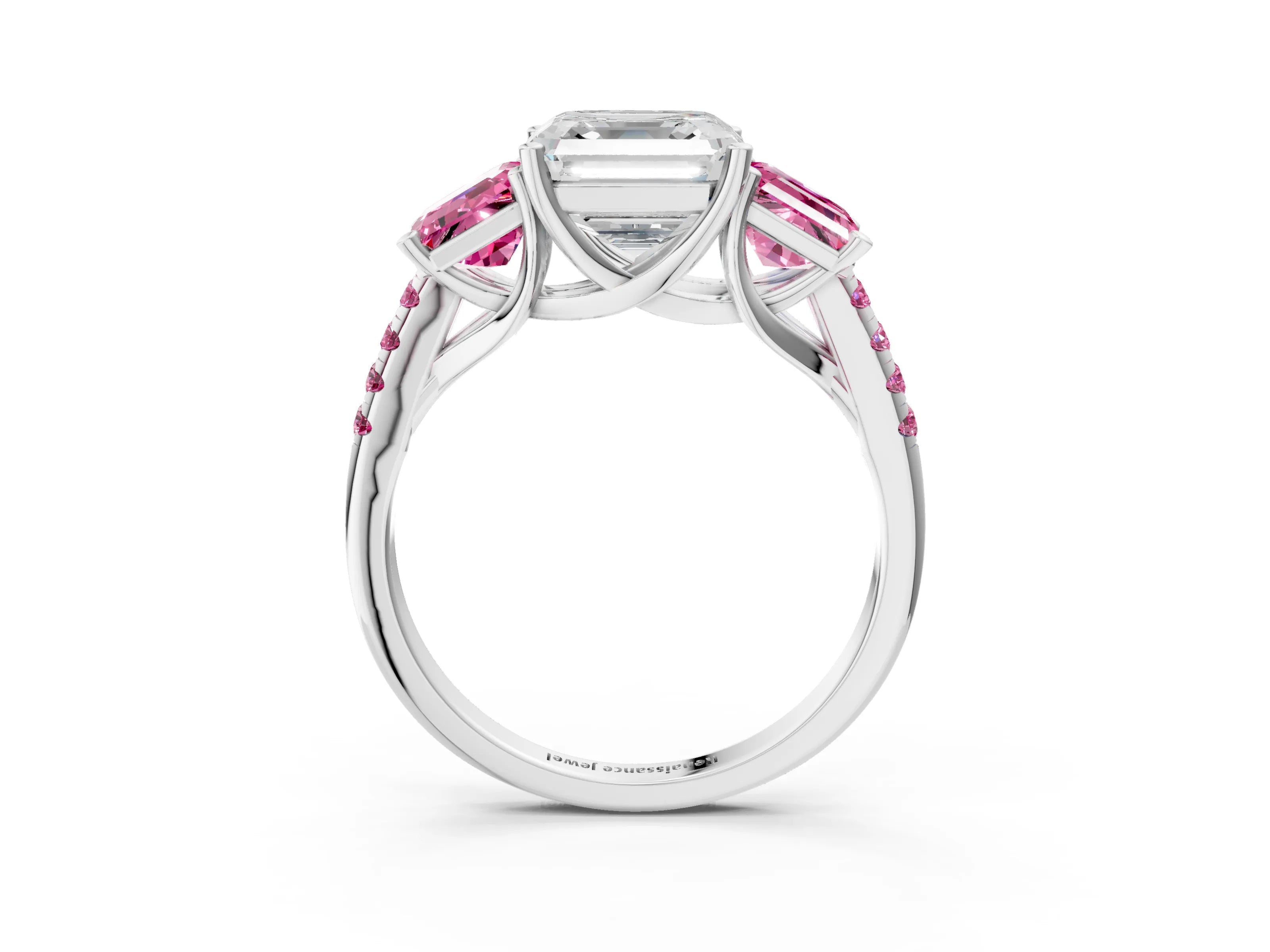 White gold Three-Stone Asscher Cut Diamond Ring with Round with Pink Sapphire side stone Pavé Band and Prong Setting_3