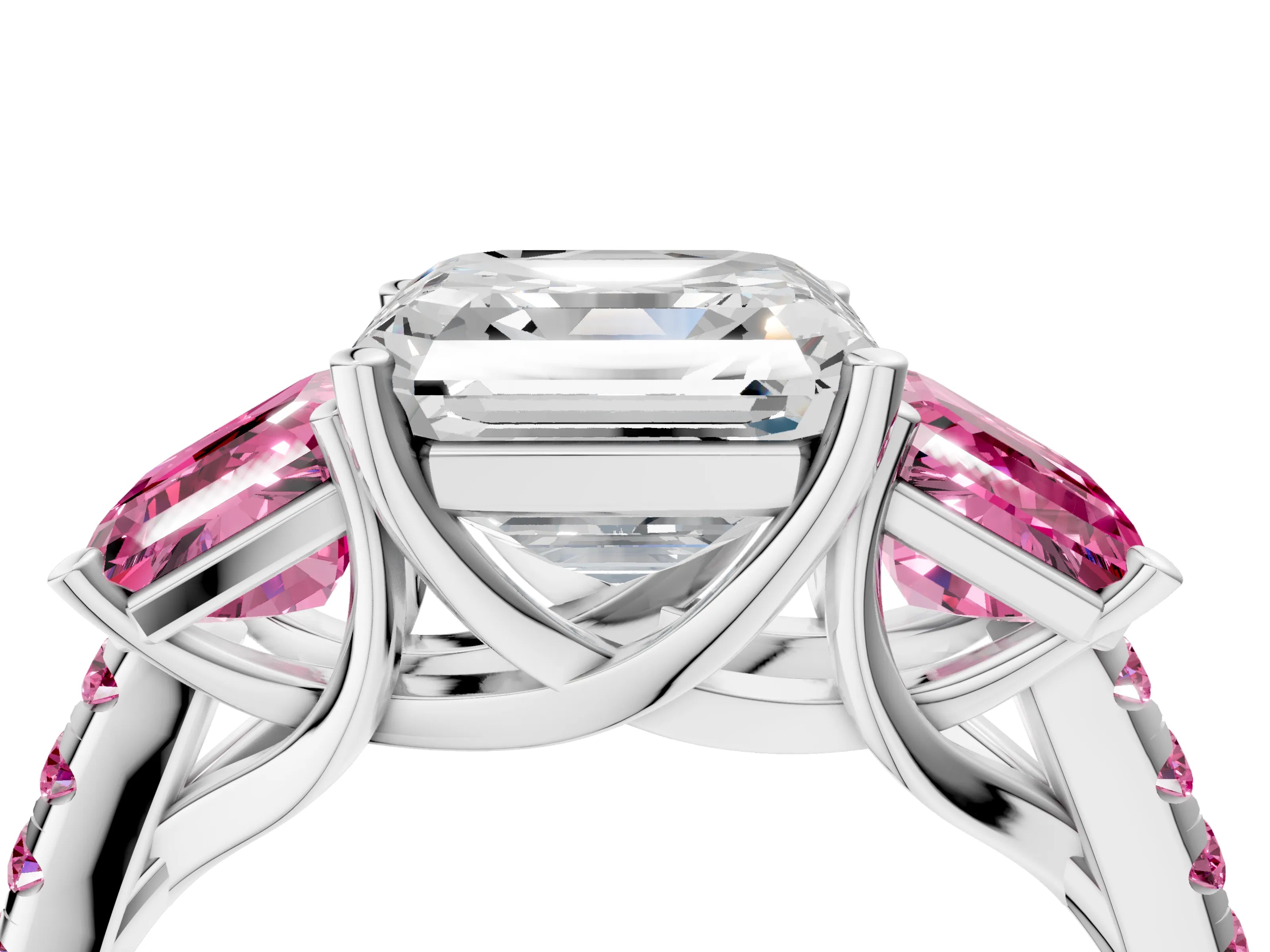White gold Three-Stone Asscher Cut Diamond Ring with Round with Pink Sapphire side stone Pavé Band and Prong Setting_4