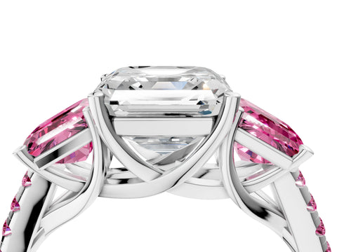 White gold Three-Stone Asscher Cut Diamond Ring with Round with Pink Sapphire side stone Pavé Band and Prong Setting_4