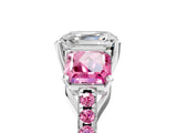 White gold Three-Stone Asscher Cut Diamond Ring with Round with Pink Sapphire side stone Pavé Band and Prong Setting_5
