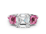 White gold Three-Stone Asscher Cut Diamond Ring with Round with Pink Sapphire side stone Pavé Band and Prong Setting