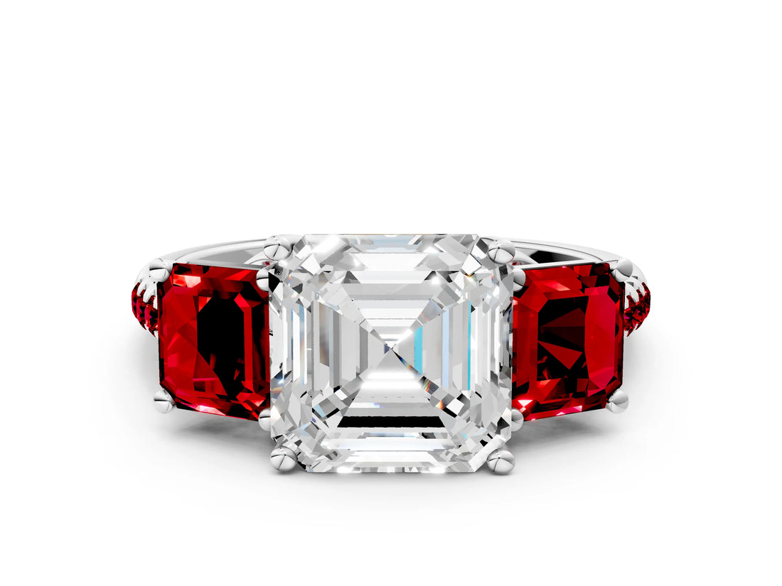 White gold Three-Stone Asscher Cut Diamond Ring with Round with Ruby side stone Pavé Band and Prong Setting_12