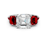 White gold Three-Stone Asscher Cut Diamond Ring with Round with Ruby side stone Pavé Band and Prong Setting_12