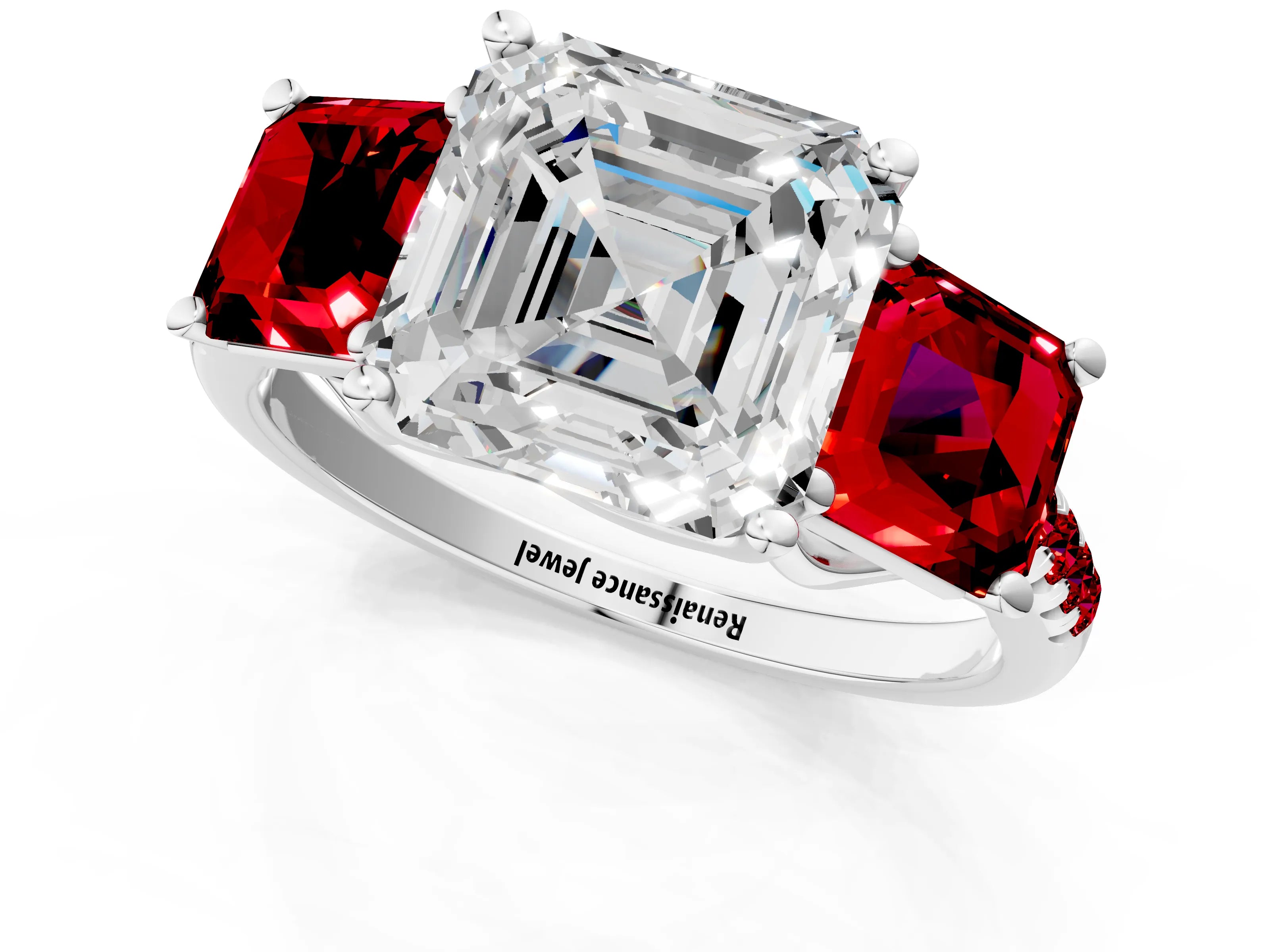 White gold Three-Stone Asscher Cut Diamond Ring with Round with Ruby side stone Pavé Band and Prong Setting_13