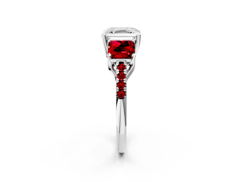 White gold Three-Stone Asscher Cut Diamond Ring with Round with Ruby side stone Pavé Band and Prong Setting_14