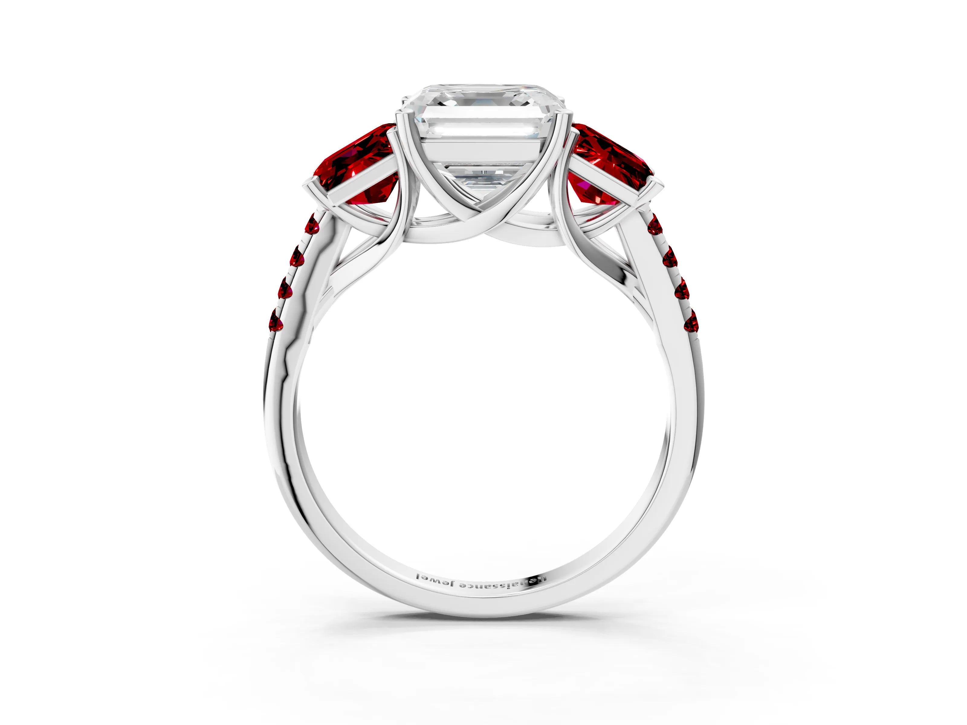White gold Three-Stone Asscher Cut Diamond Ring with Round with Ruby side stone Pavé Band and Prong Setting_15