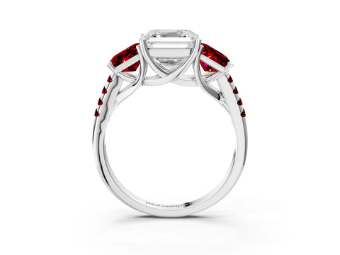 White gold Three-Stone Asscher Cut Diamond Ring with Round with Ruby side stone Pavé Band and Prong Setting_15