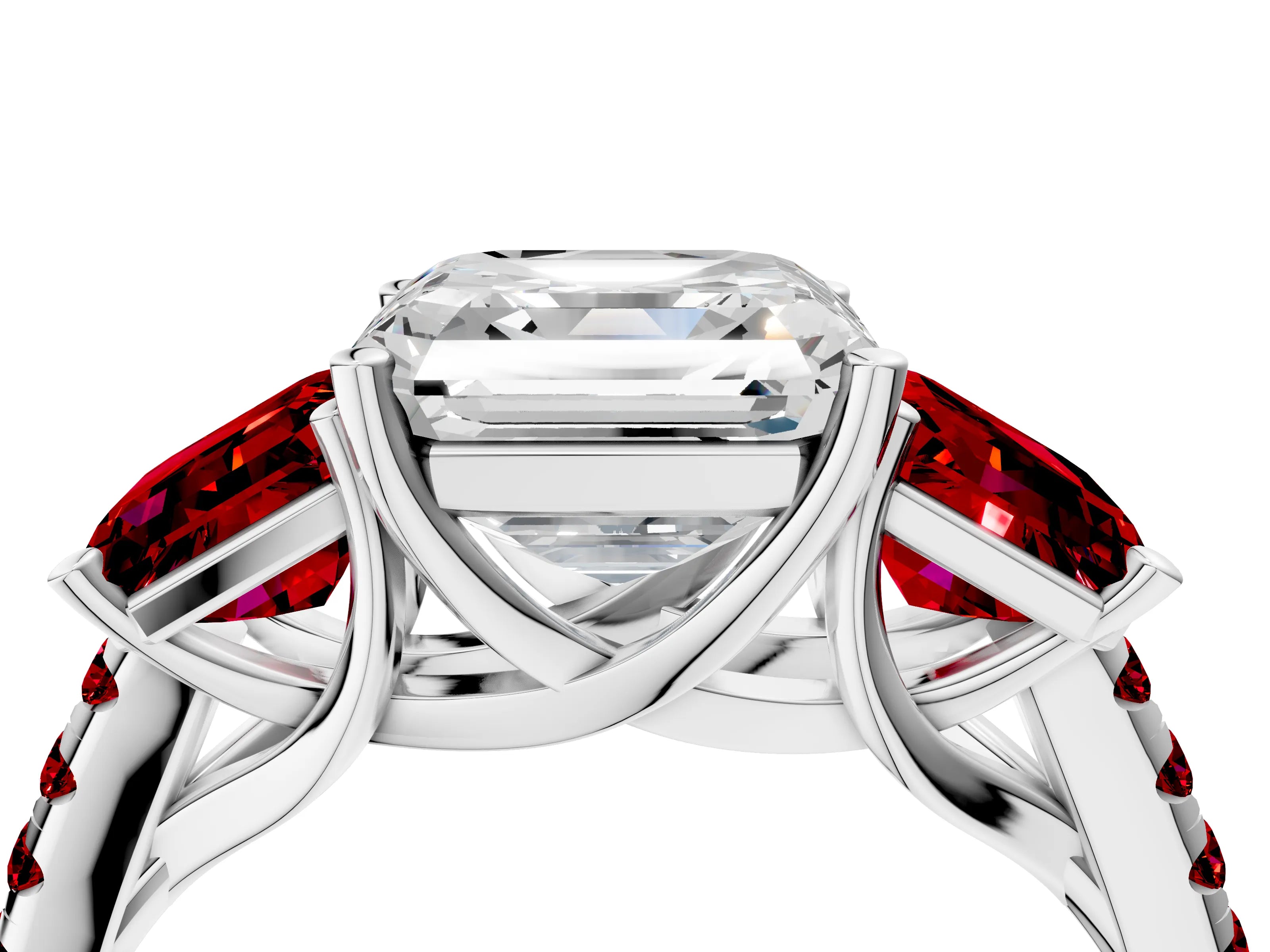 White gold Three-Stone Asscher Cut Diamond Ring with Round with Ruby side stone Pavé Band and Prong Setting_16