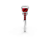 White gold Three-Stone Asscher Cut Diamond Ring with Round with Ruby side stone Pavé Band and Prong Setting_2